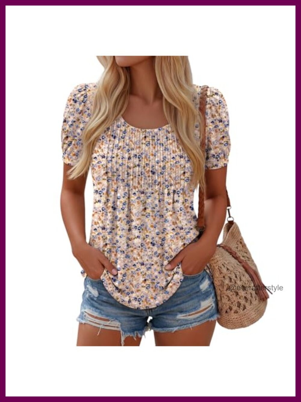 Womens Puff Short Sleeve Boho Pleated Tunic Top Blouse